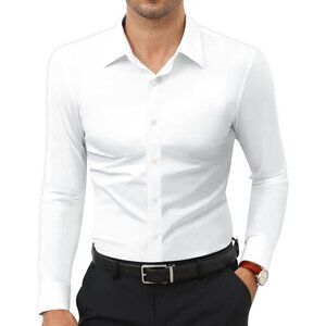 Men All White Long Sleeve Slim Muscle Fit Wrinkle Free Button Down Dress Shirts